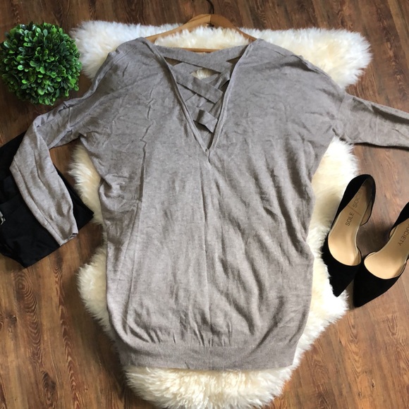 DREAMERS taupe cross open back sweater size small - Picture 8 of 13